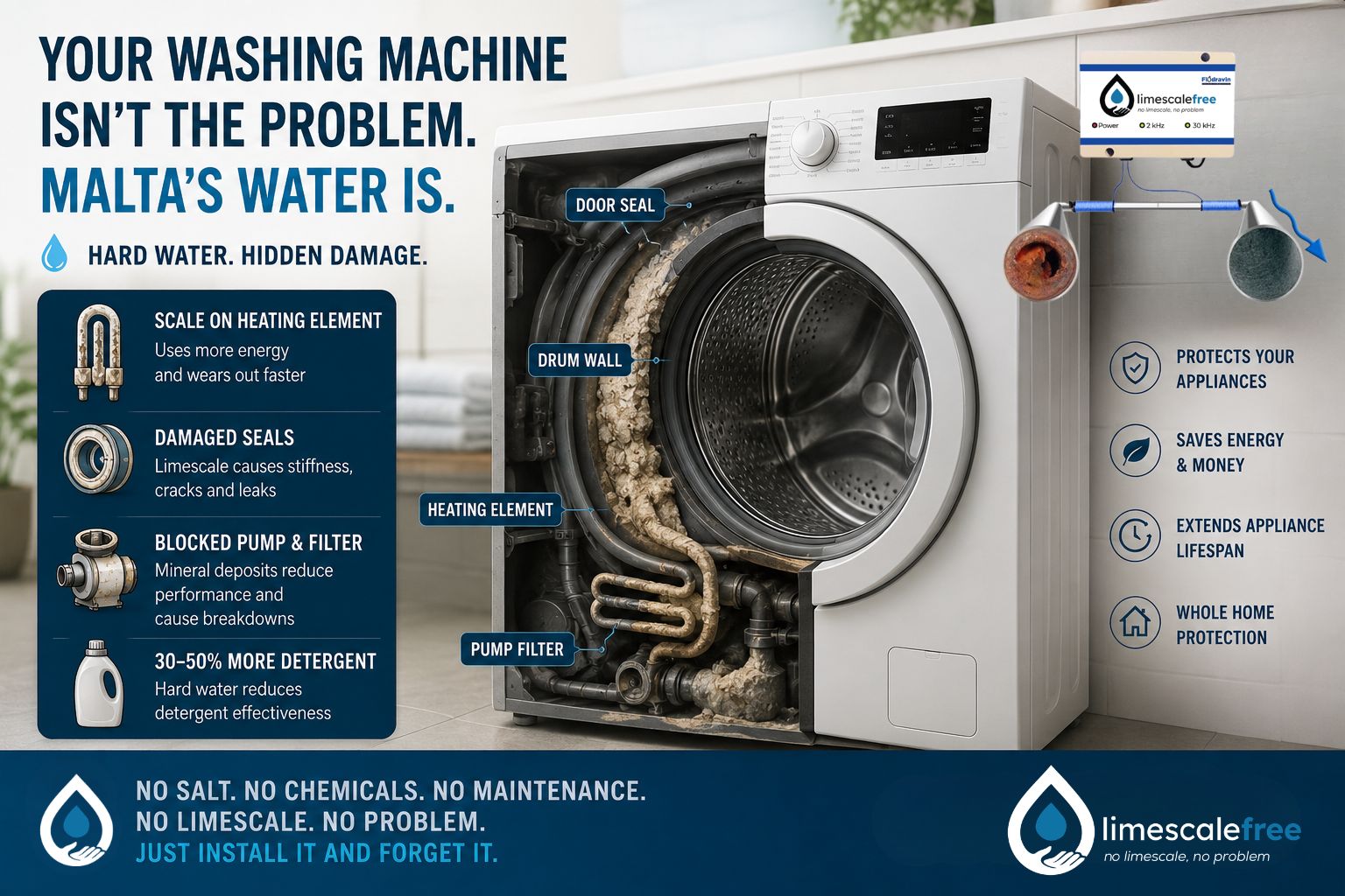 Limescale buildup inside a washing machine in Malta caused by hard water, showing damage to the heating element, drum wall and pump system
